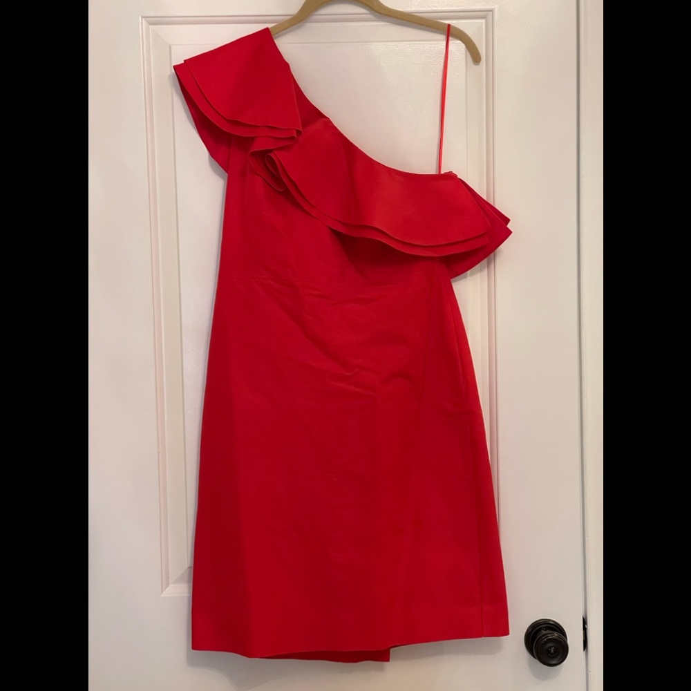 J Crew size 10 one shoulder red dress knee length. With tags. Unworn.
